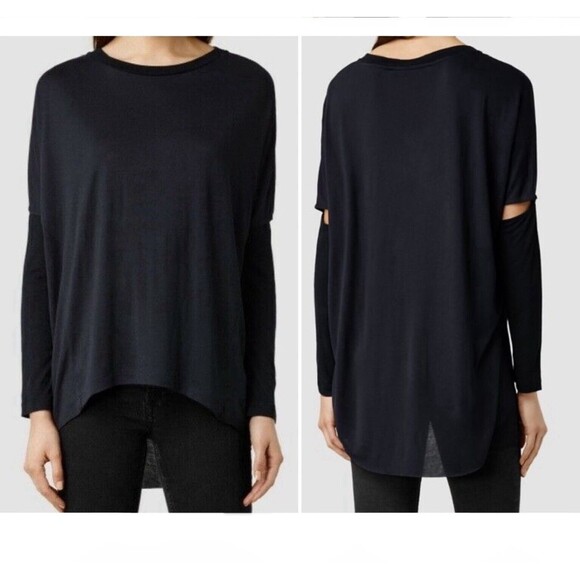 All Saints Wavetop Top Navy Thin Hi-Low Hem Crew Neck Open Elbow Relax Medium - Picture 1 of 10